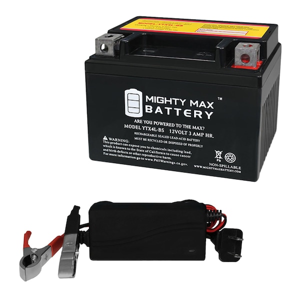 Mighty Max Battery YTX4L-BS Battery Replacement for Scooter Tractor Mower With 12V 1A Chrgr MAX3903681